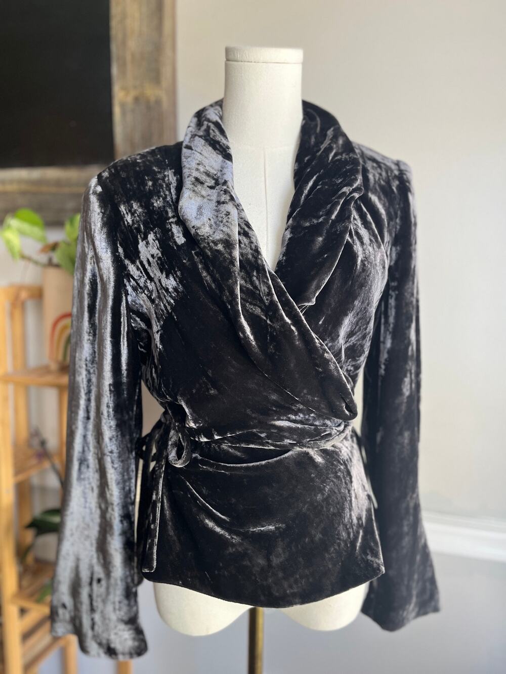 Vintage Y2K Crushed Velvet Wrap Blouse Gray Long Sleeve Size Large